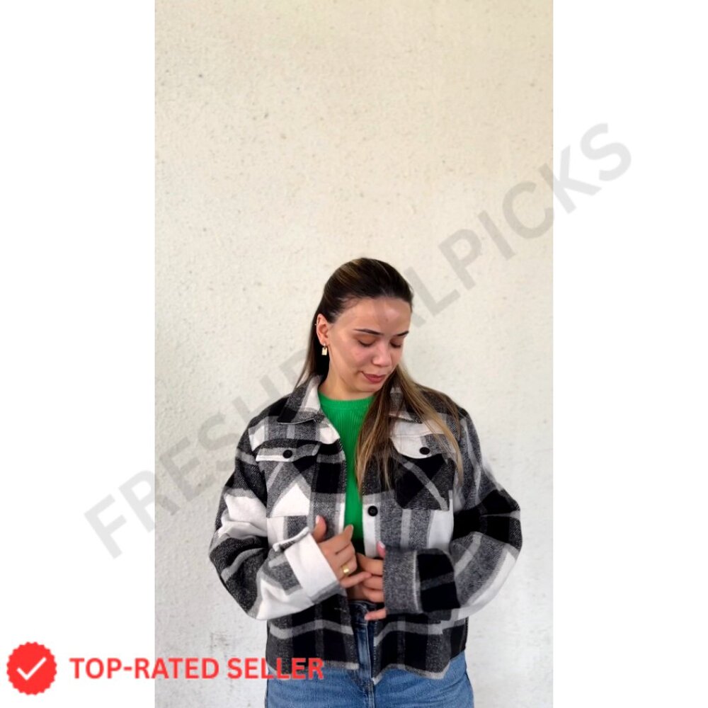 Cropped Flannel Shacket, Button-Down, Long Sleeve… - image 3